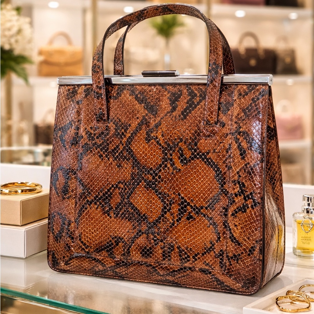 Fossil Vintage Snakeskin Frame Bag Structured Top Handle Brown Statement Purse